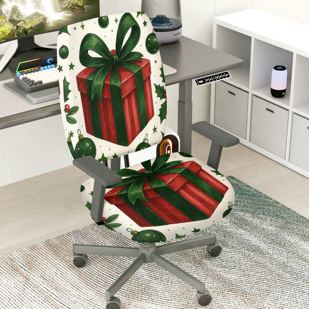 2-Piece Christmas Holiday Gift Bow Green Red  Computer Chair Cover Set, Seat and Backrest