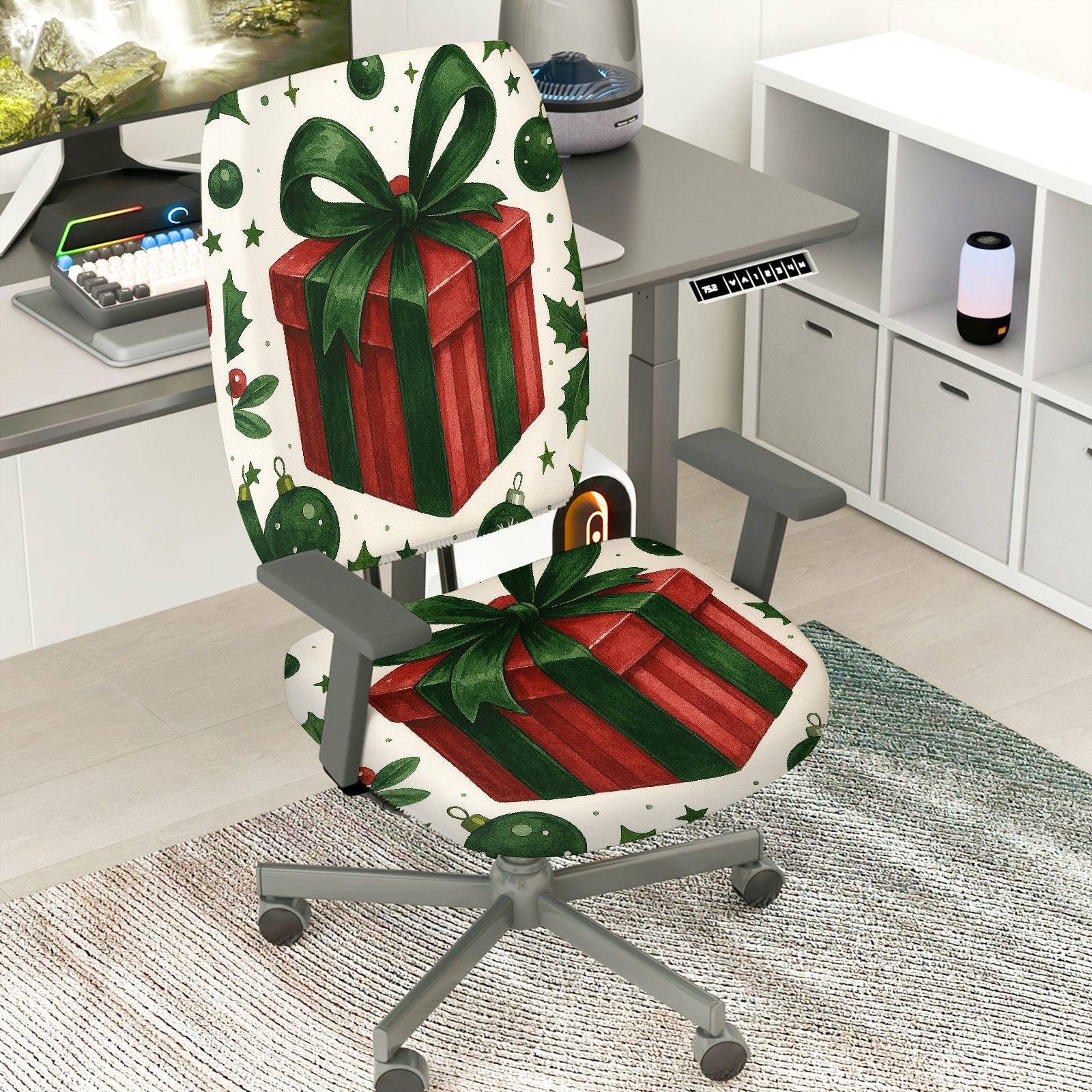 2-Piece Christmas Holiday Gift Bow Green Red  Computer Chair Cover Set, Seat and Backrest