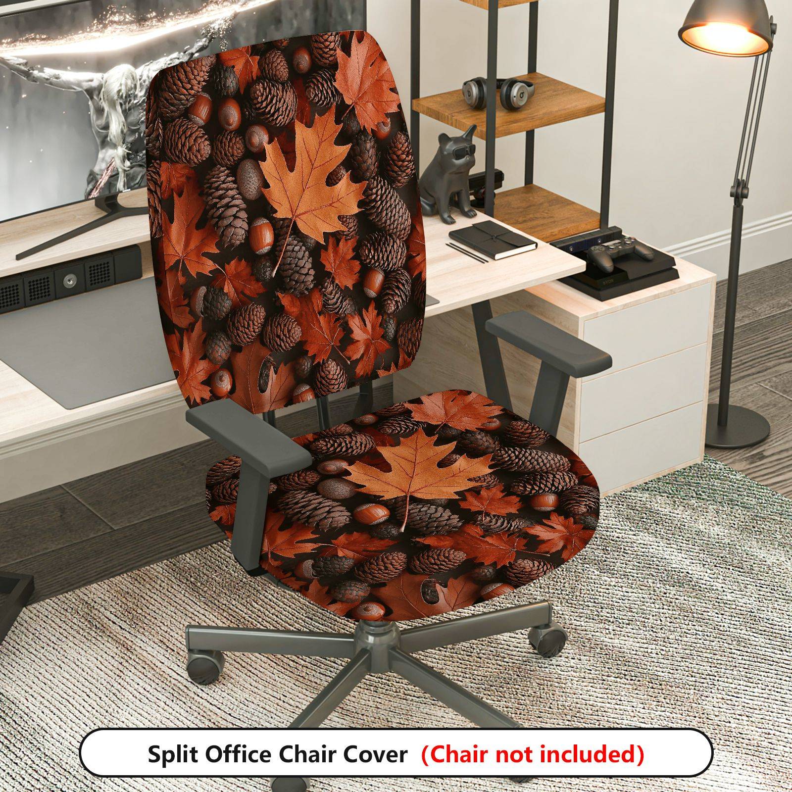 2-Piece Autumn Leaves Pinecones Acorns Fall Decorative  Computer Chair Cover Set, Seat and Backrest
