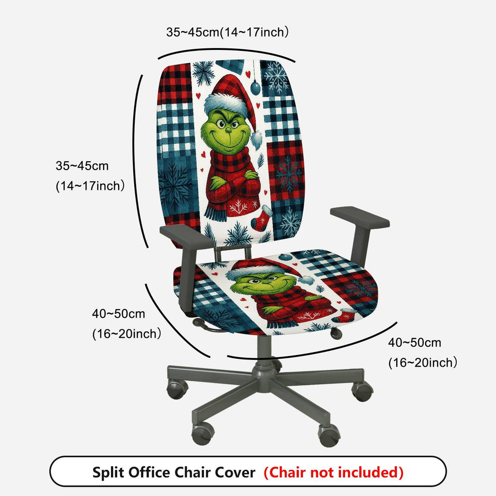 2-Piece Christmas Grinch Plaid Snowflake Holiday  Computer Chair Cover Set, Seat and Backrest