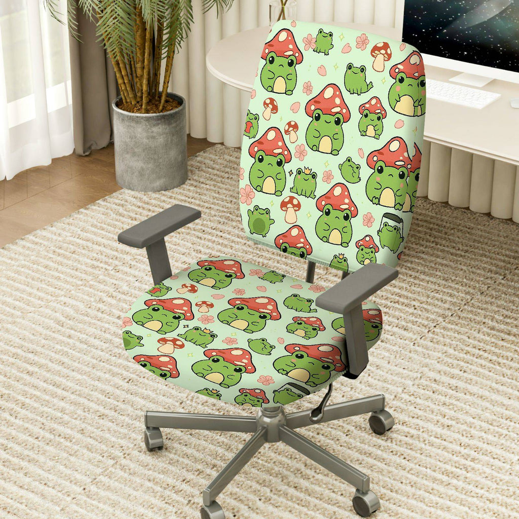 2-Piece Frog Mushroom Cute Green Animals  Computer Chair Cover Set, Seat and Backrest