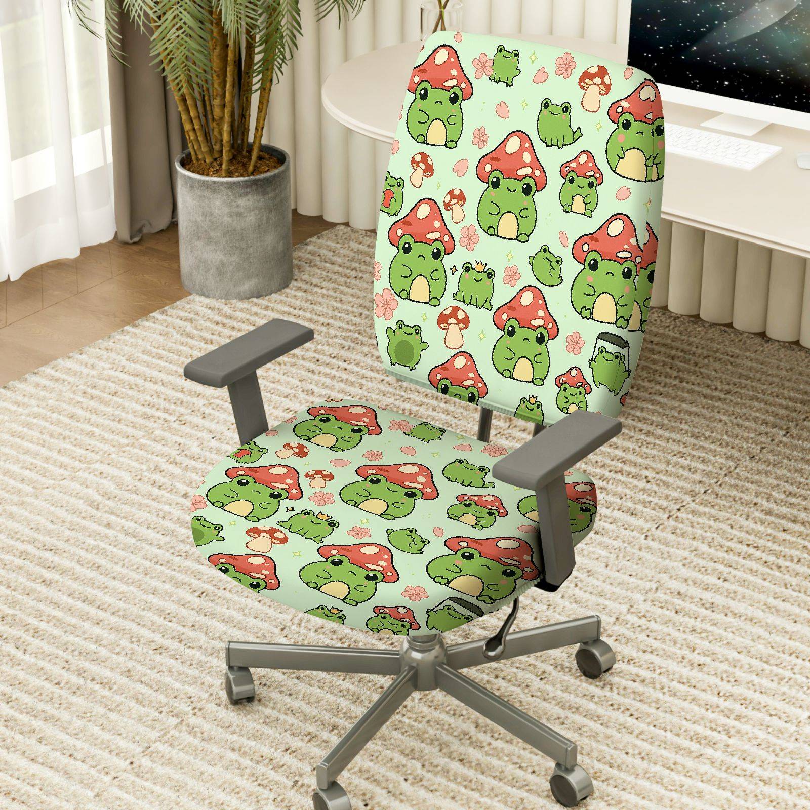 2-Piece Frog Mushroom Cute Green Animals  Computer Chair Cover Set, Seat and Backrest