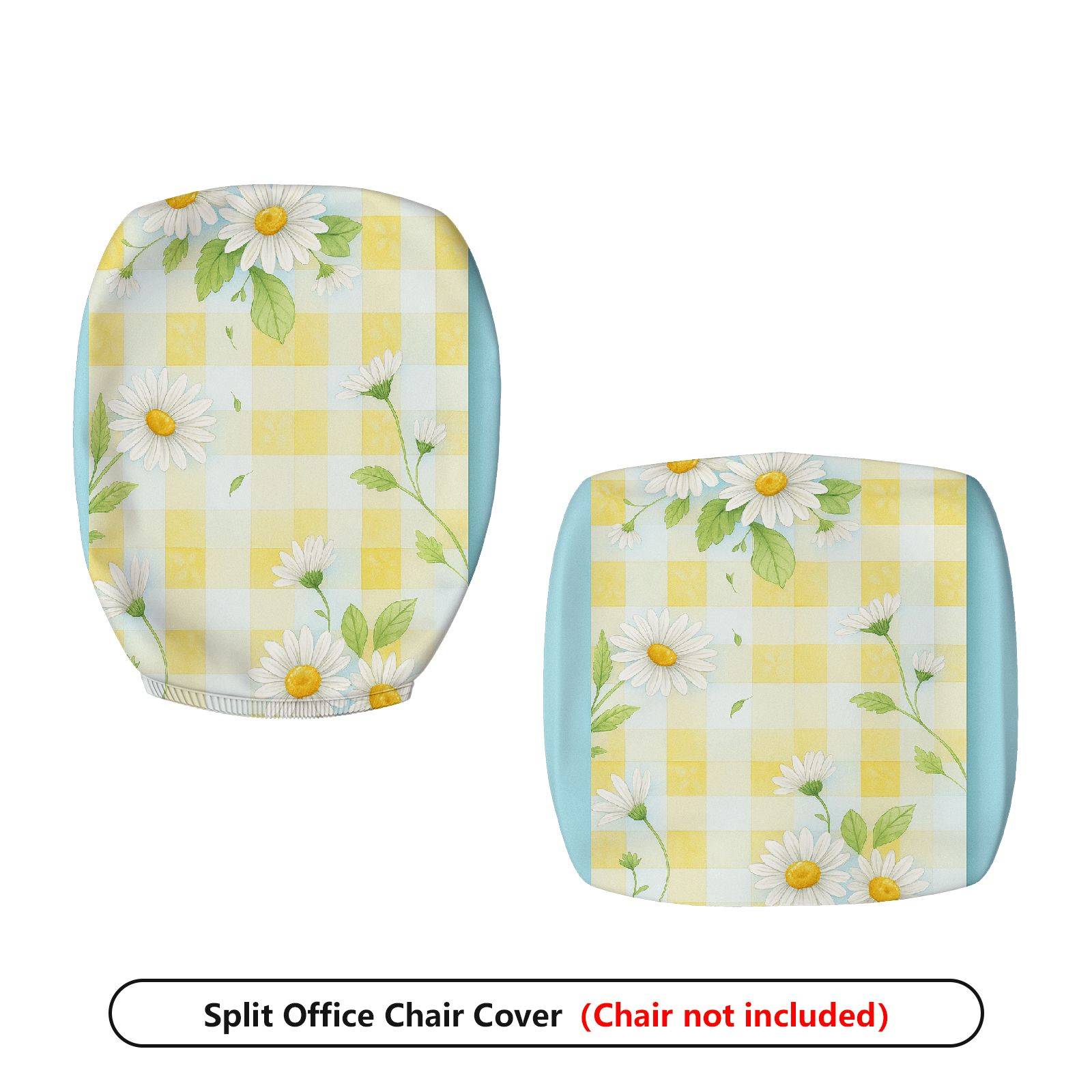 2-Piece Yellow Floral Daisy Checkered Spring Summer  Computer Chair Cover Set, Seat and Backrest