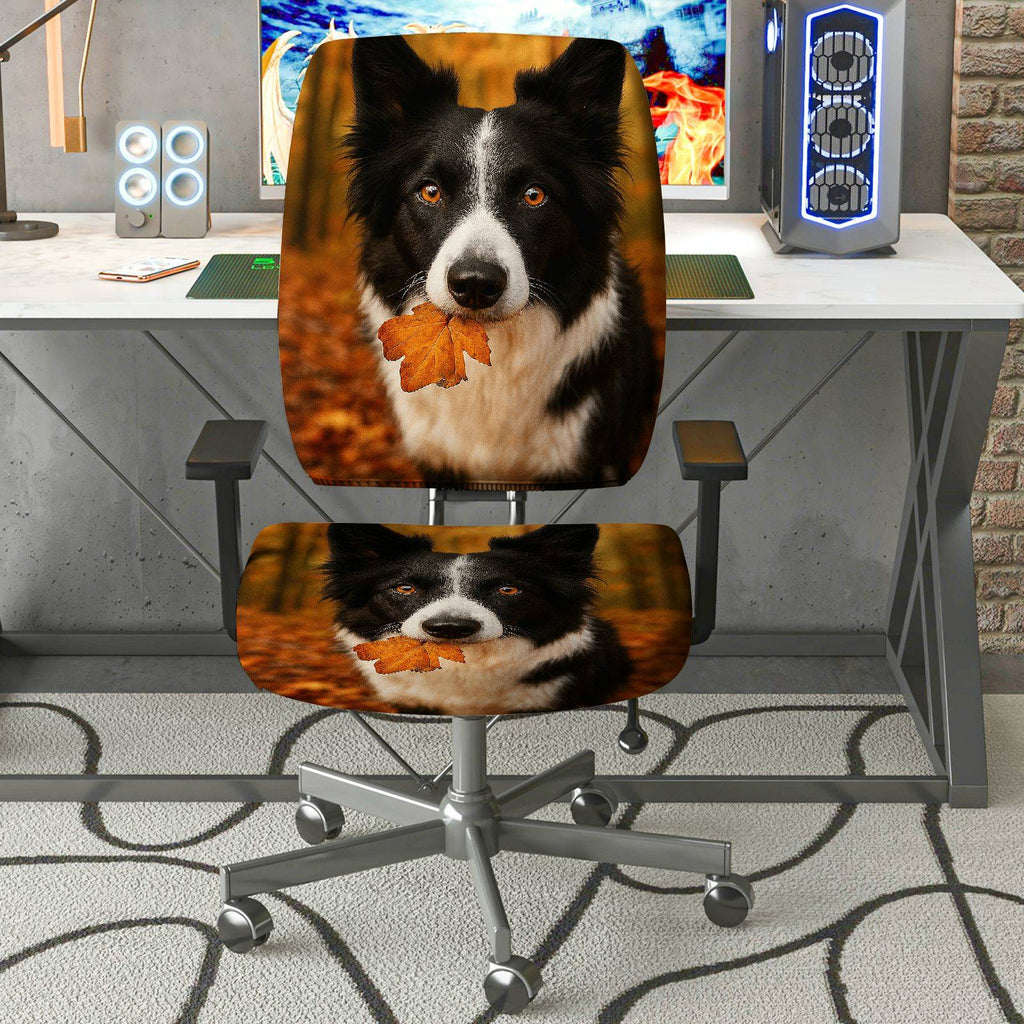 2-Piece Autumn Dog Leaf Nature Cozy  Computer Chair Cover Set, Seat and Backrest