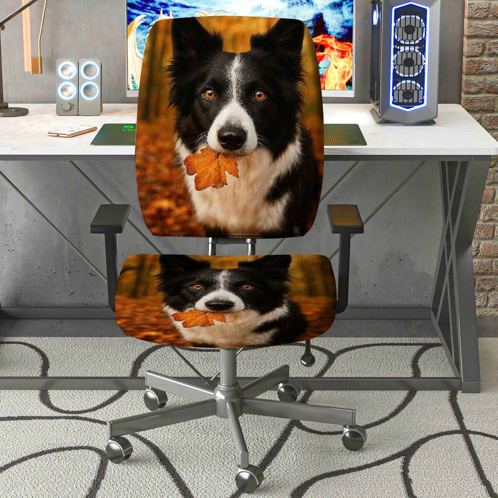 2-Piece Autumn Dog Leaf Nature Cozy  Computer Chair Cover Set, Seat and Backrest