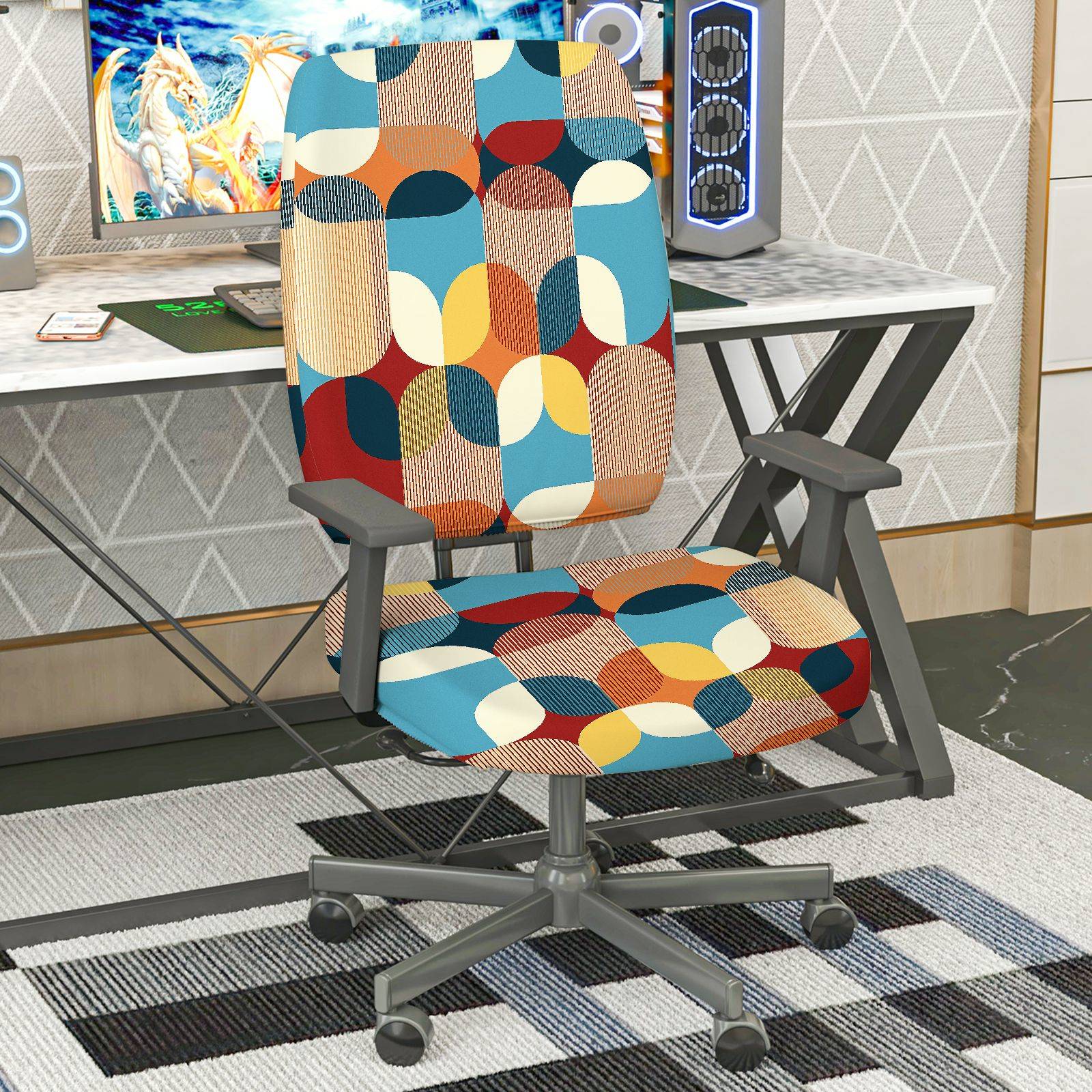 2-Piece Modern Colorful Geometric Pattern  Computer Chair Cover Set, Seat and Backrest