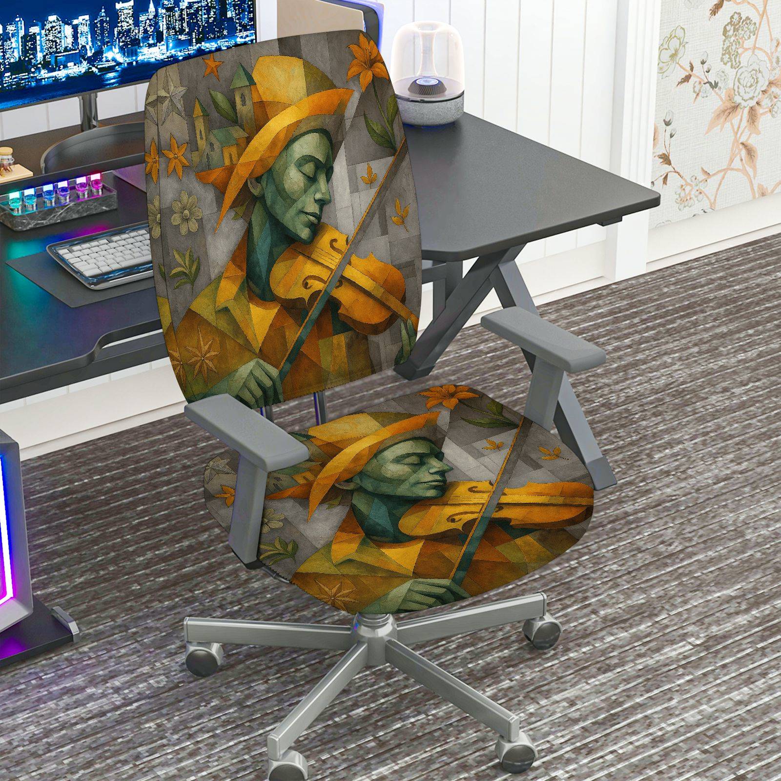 2-Piece Artistic Violinist Floral Geometric Abstract  Computer Chair Cover Set, Seat and Backrest