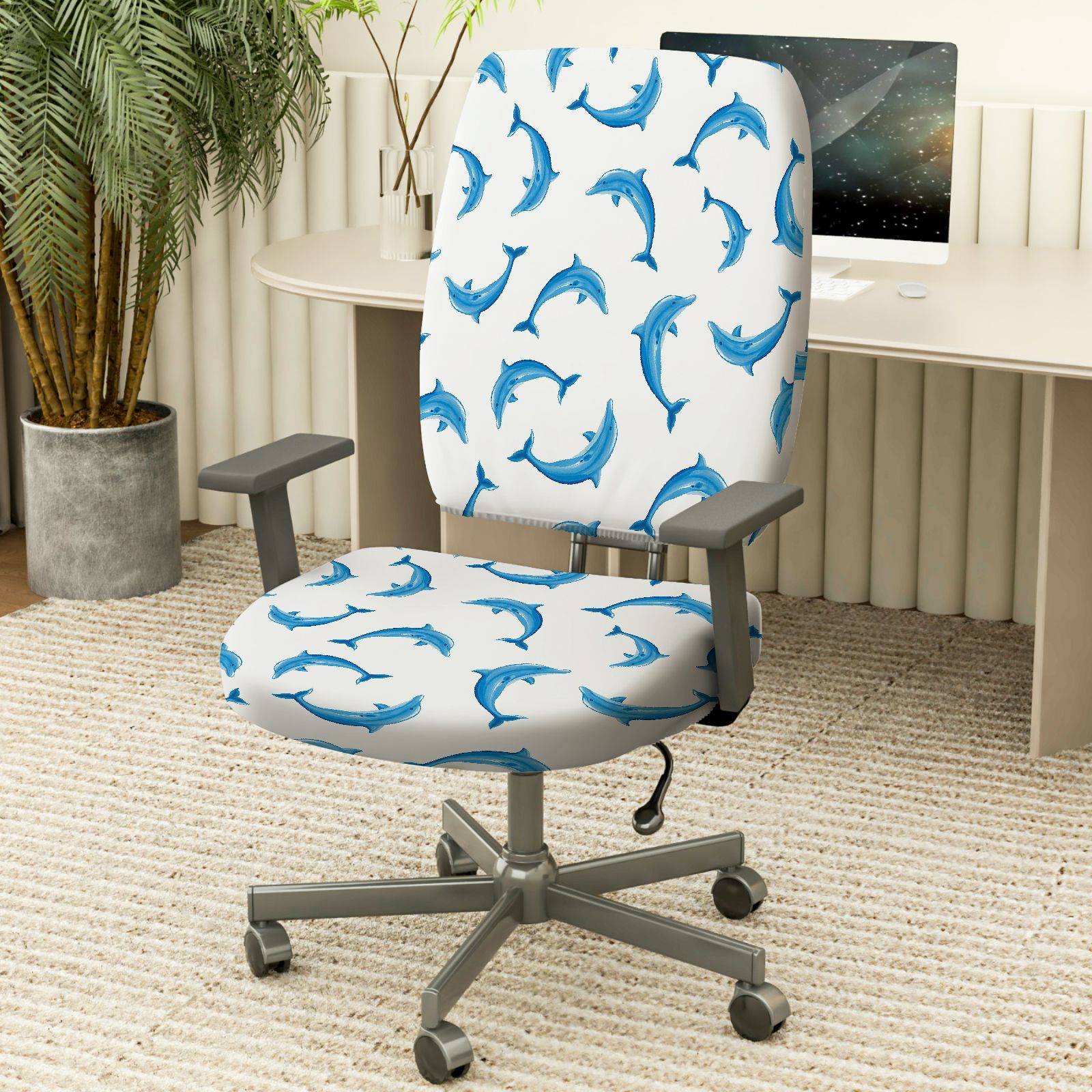 2-Piece Blue Dolphin Ocean Marine Cute Animal  Computer Chair Cover Set, Seat and Backrest