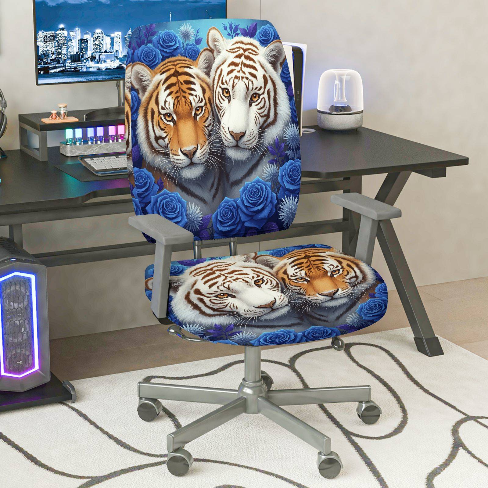 2-Piece Tiger Floral Animal Print Blue Roses  Computer Chair Cover Set, Seat and Backrest