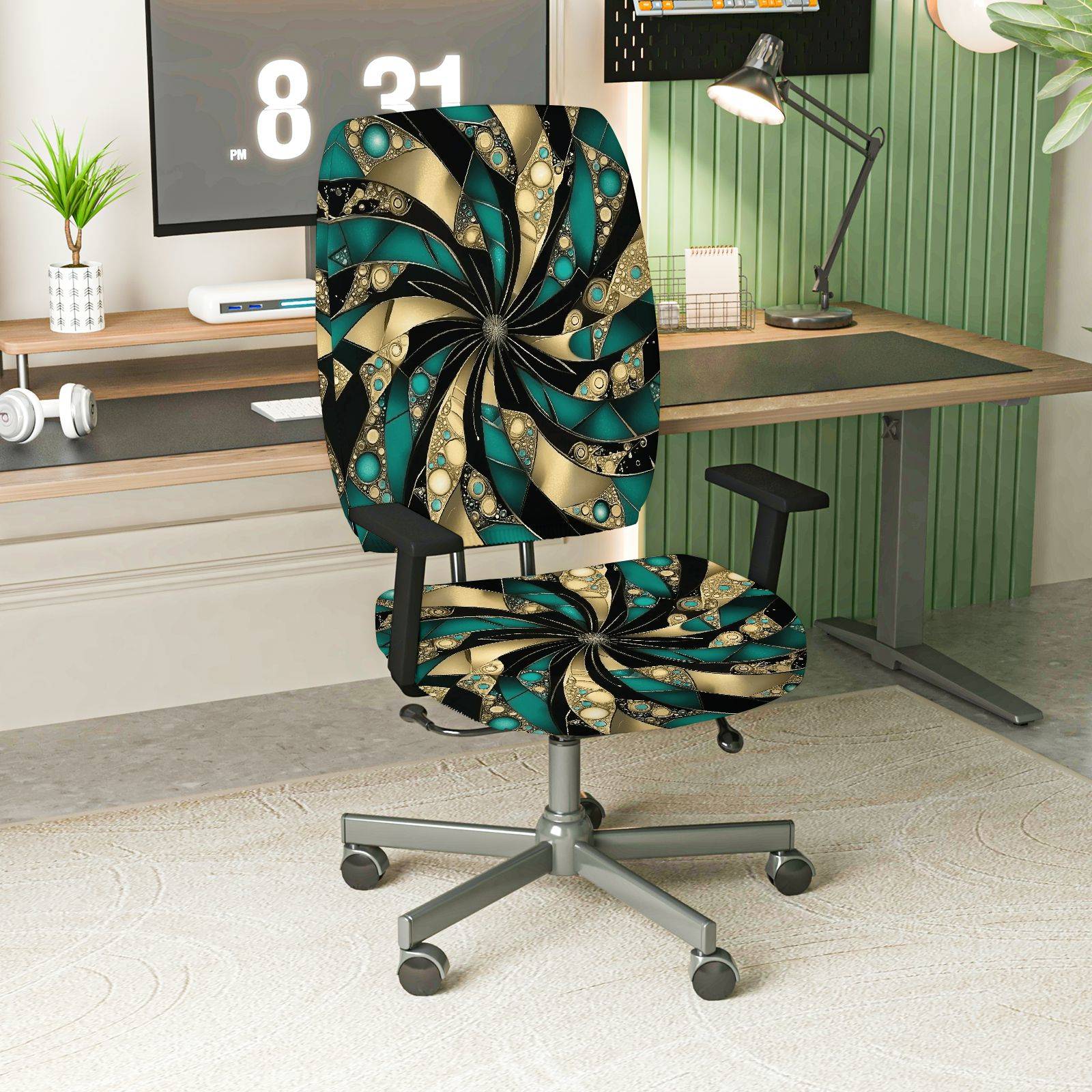 2-Piece Geometric Swirl Art Abstract Modern Chic  Computer Chair Cover Set, Seat and Backrest