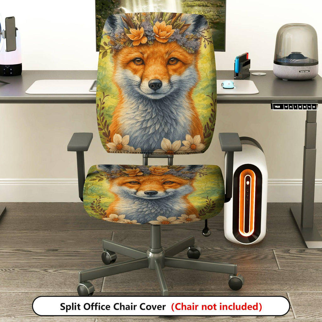 2-Piece Animal Floral Fox Nature Art  Computer Chair Cover Set, Seat and Backrest