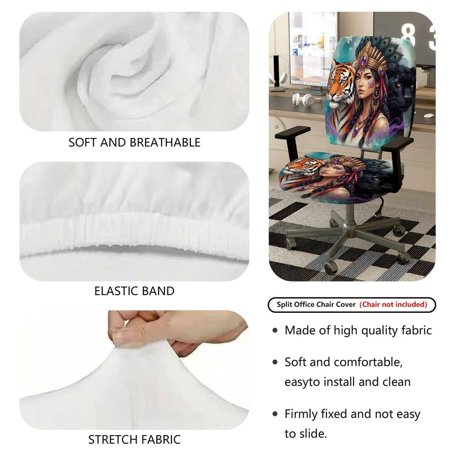 2-Piece Animal Art Tribal Peacock Panther Tiger  Computer Chair Cover Set, Seat and Backrest