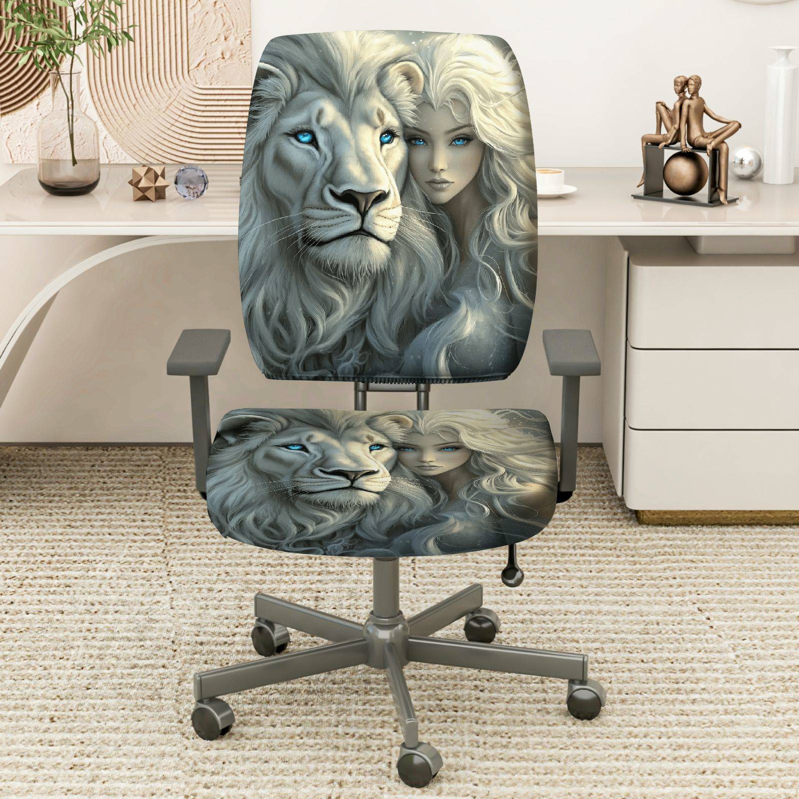 2-Piece Lion Animal Art  Computer Chair Cover Set, Seat and Backrest