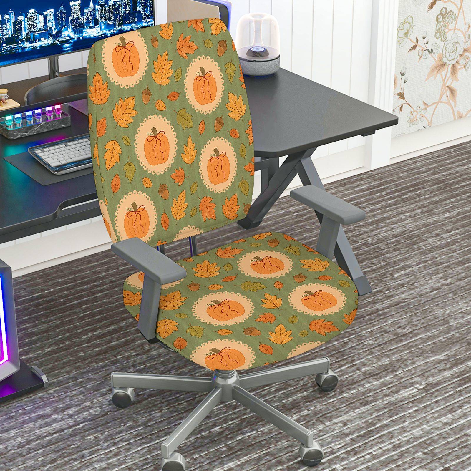 2-Piece Autumn Pumpkin Leaf Pattern Thanksgiving  Computer Chair Cover Set, Seat and Backrest