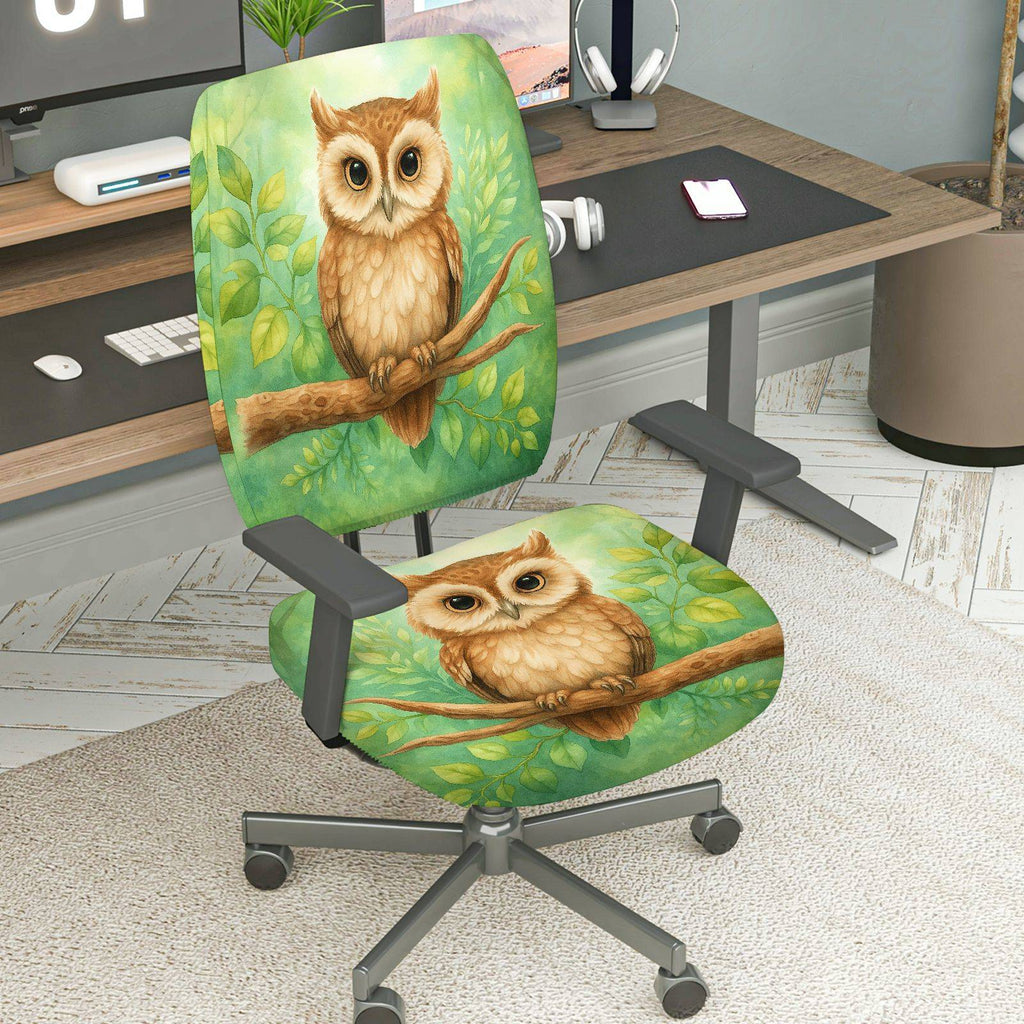 2-Piece Owl Nature Green Art Animal Forest  Computer Chair Cover Set, Seat and Backrest