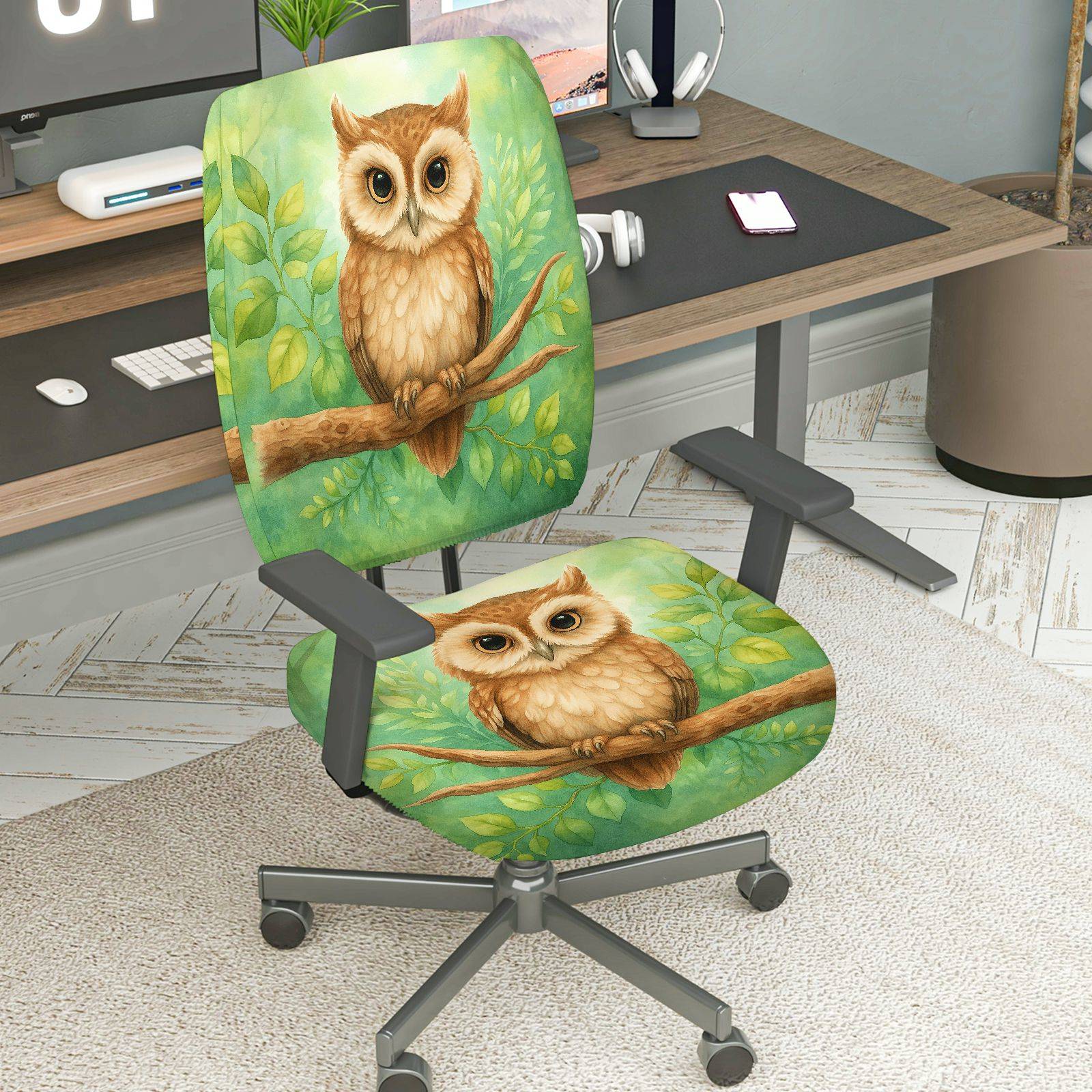 2-Piece Owl Nature Green Art Animal Forest  Computer Chair Cover Set, Seat and Backrest