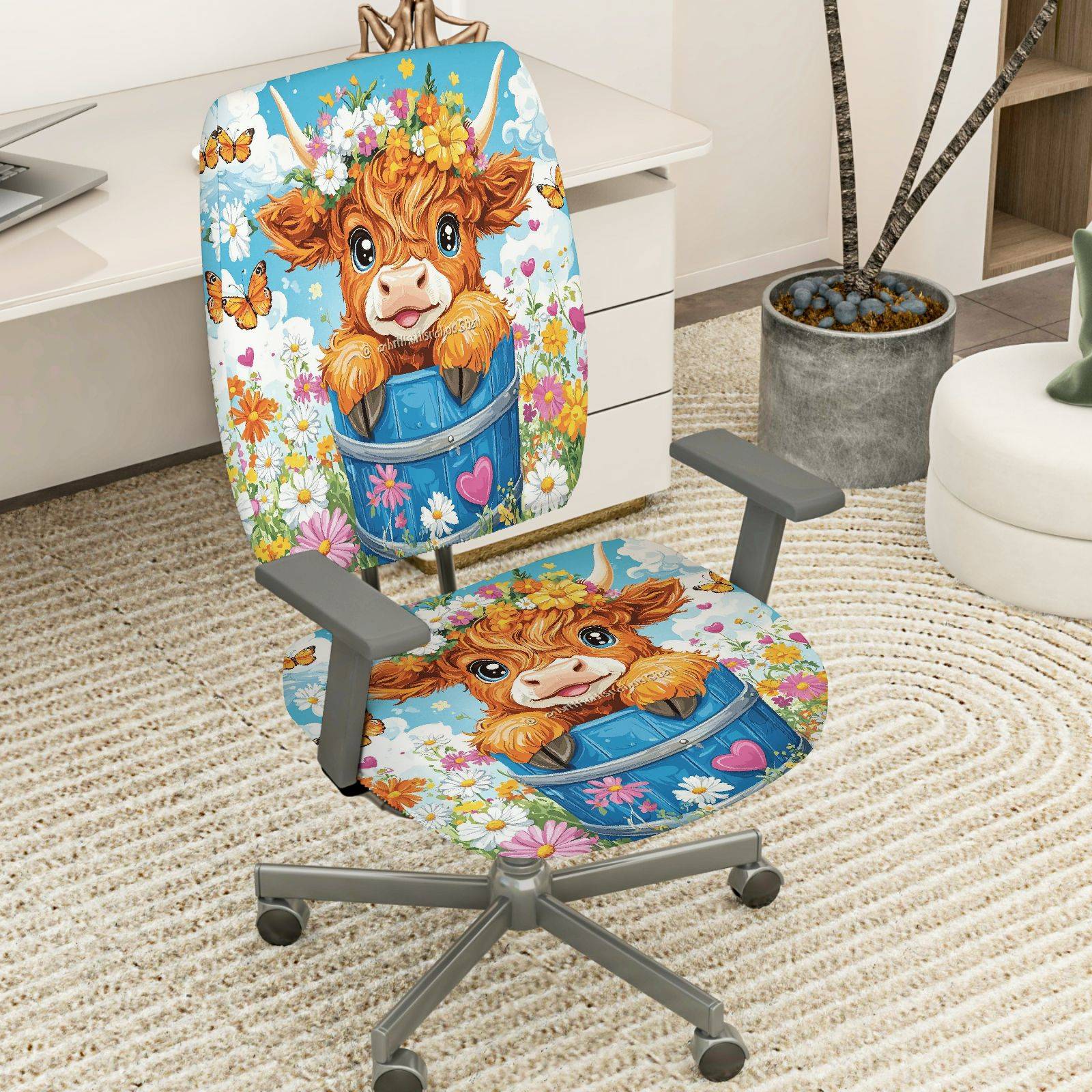 2-Piece Cute Floral Animal Pastoral Spring  Computer Chair Cover Set, Seat and Backrest