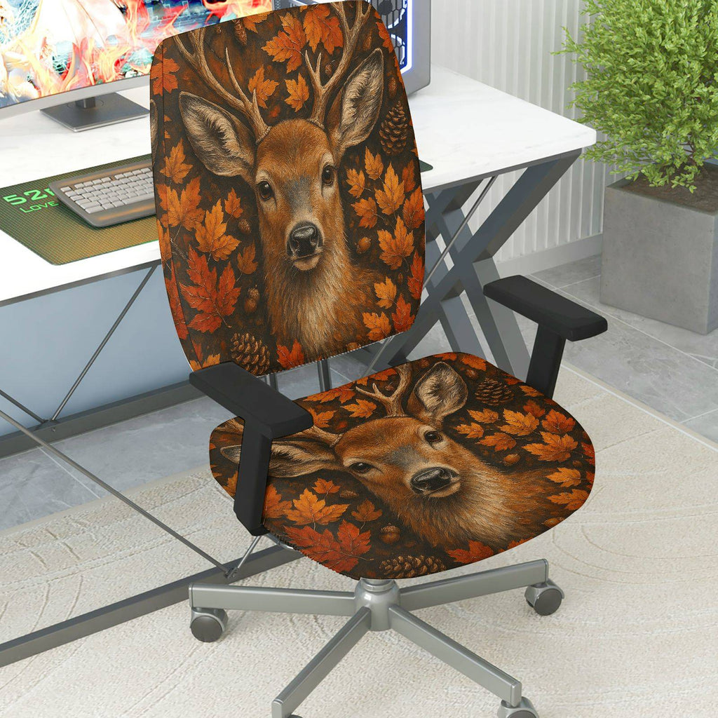2-Piece Autumn Deer Maple Leaves Nature Wildlife  Computer Chair Cover Set, Seat and Backrest