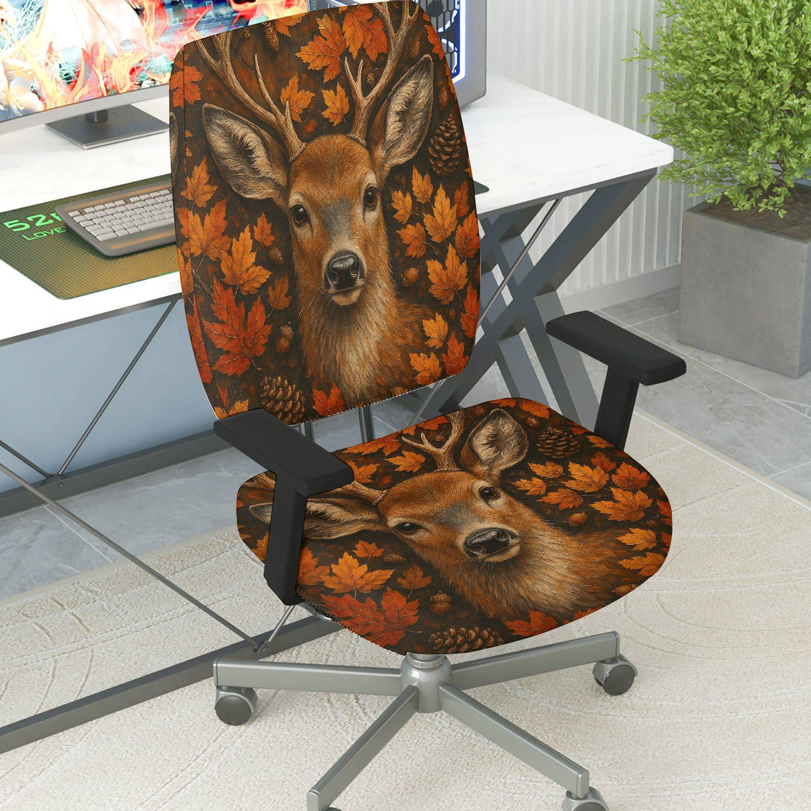 2-Piece Autumn Deer Maple Leaves Nature Wildlife  Computer Chair Cover Set, Seat and Backrest