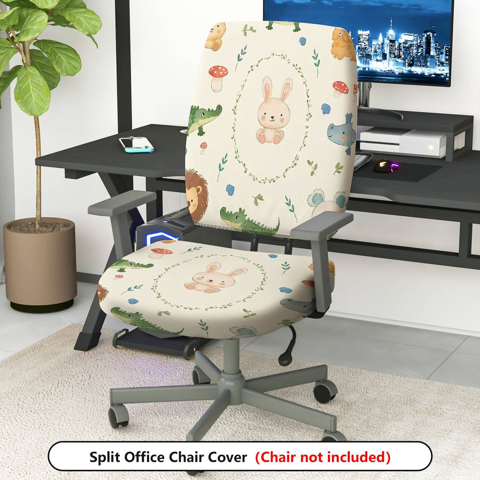 2-Piece Cute Animal Rabbit Dinosaur Mushroom Forest  Computer Chair Cover Set, Seat and Backrest