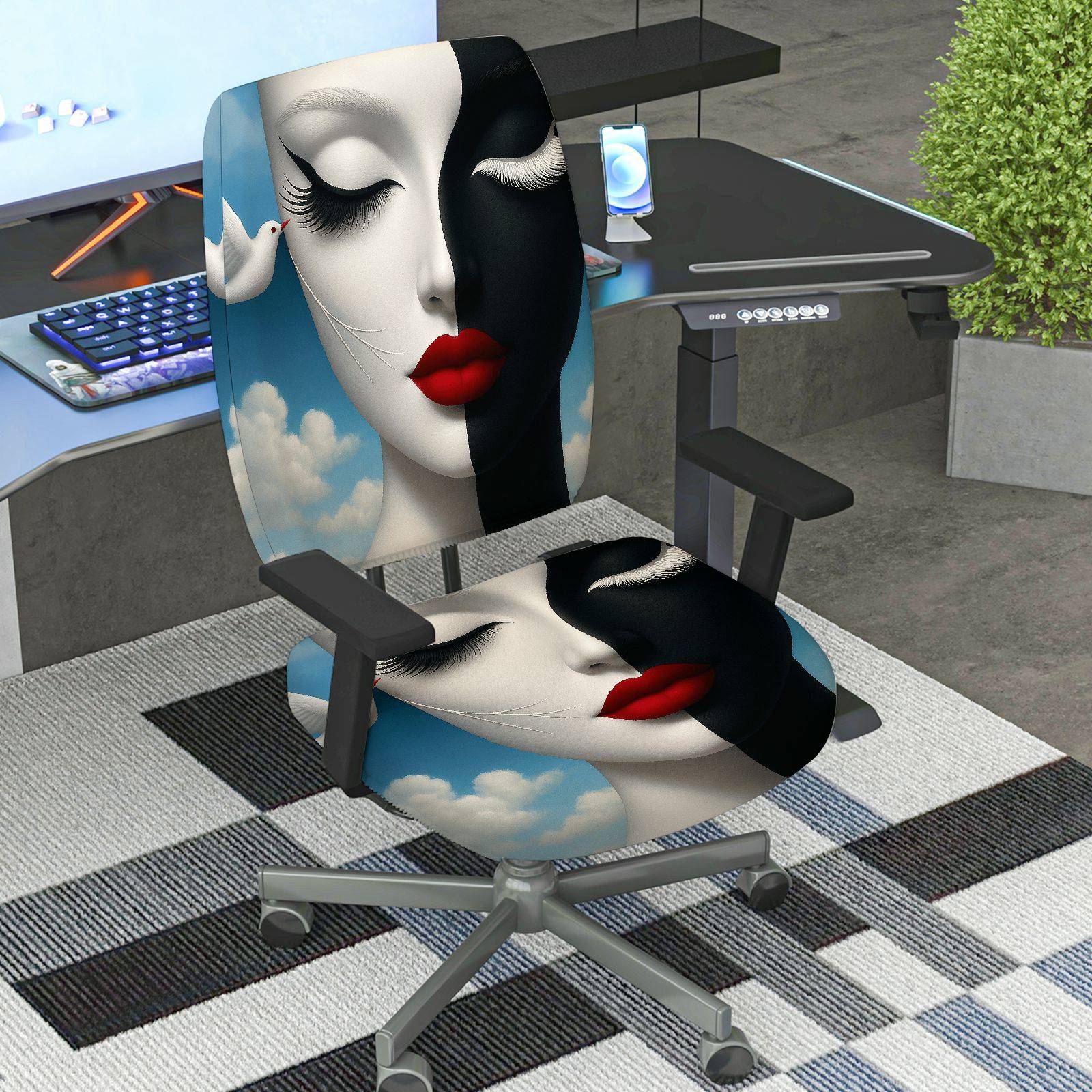 2-Piece Artistic Abstract Cloud Face Modern Lip  Computer Chair Cover Set, Seat and Backrest