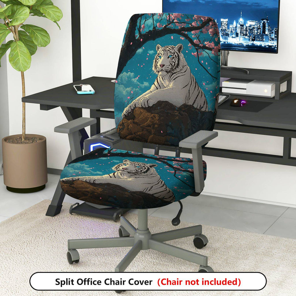 2-Piece White Tiger Cherry Blossom Night Sky Animal Nature  Computer Chair Cover Set, Seat and Backrest