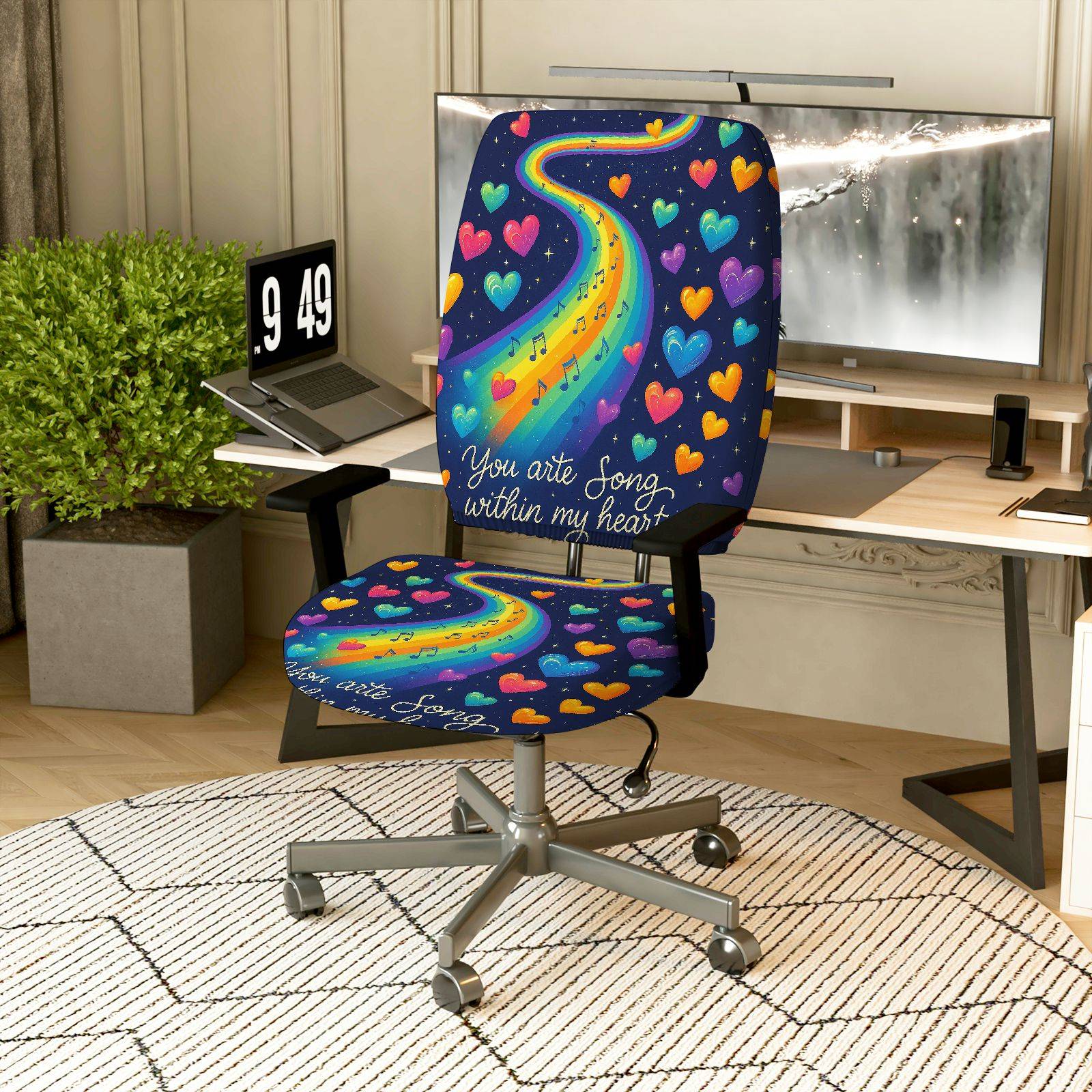 2-Piece Artistic Colorful Heart Rainbow Music Inspirational  Computer Chair Cover Set, Seat and Backrest