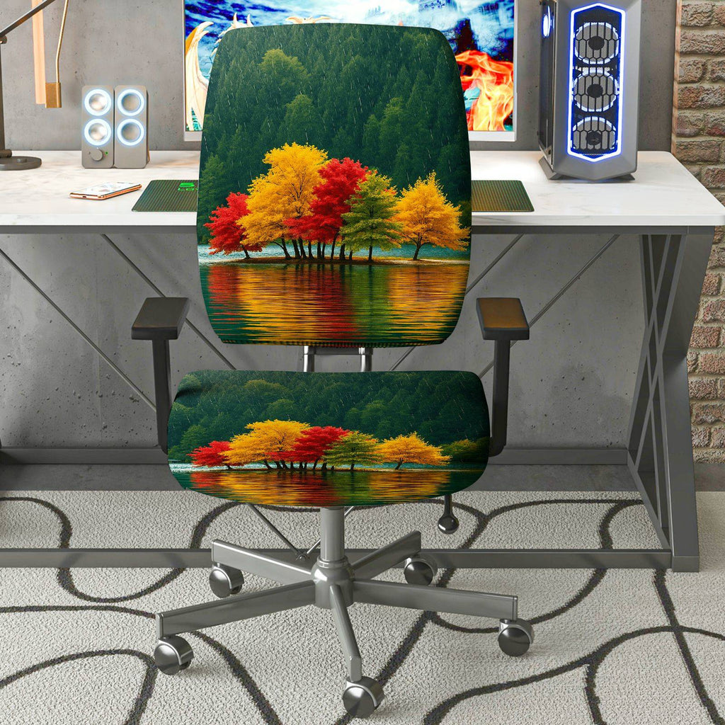 2-Piece Autumn Nature Landscape Forest Lake Home  Computer Chair Cover Set, Seat and Backrest