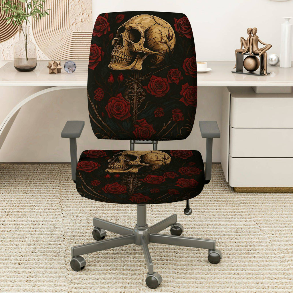 2-Piece Gothic Skull Floral Rose Black  Computer Chair Cover Set, Seat and Backrest