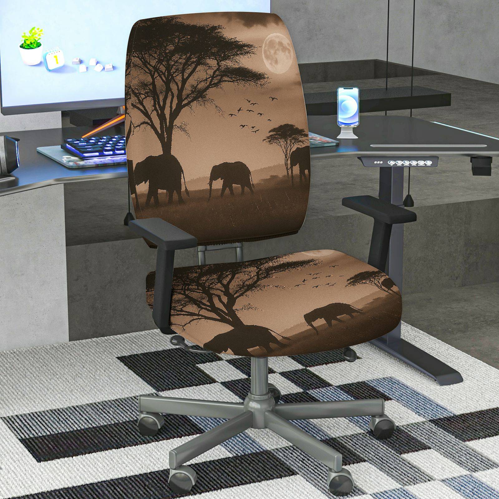 2-Piece African Safari Moon Elephant Bird Tree  Computer Chair Cover Set, Seat and Backrest