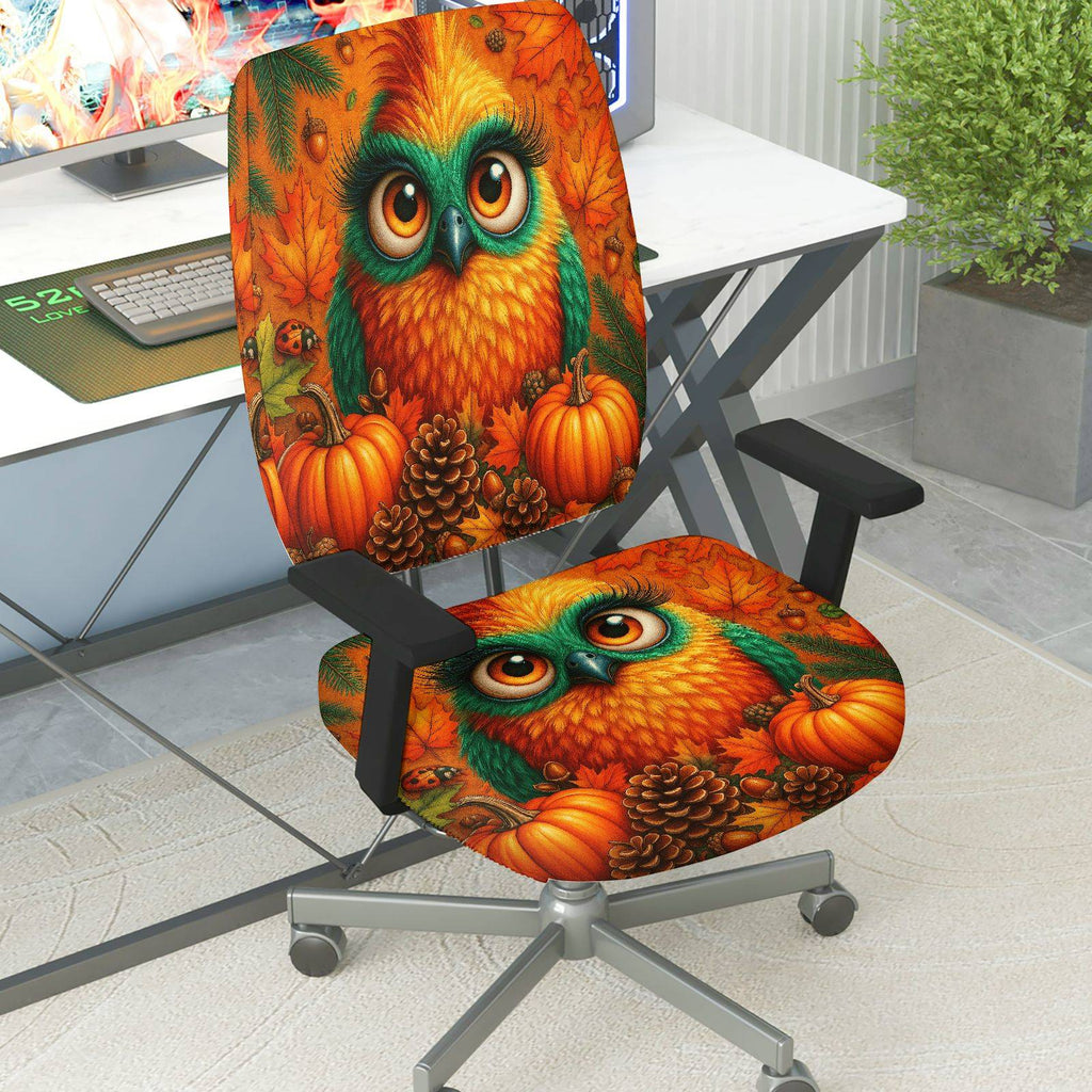 2-Piece Autumn Owl Pumpkin Pinecone Leaf  Computer Chair Cover Set, Seat and Backrest