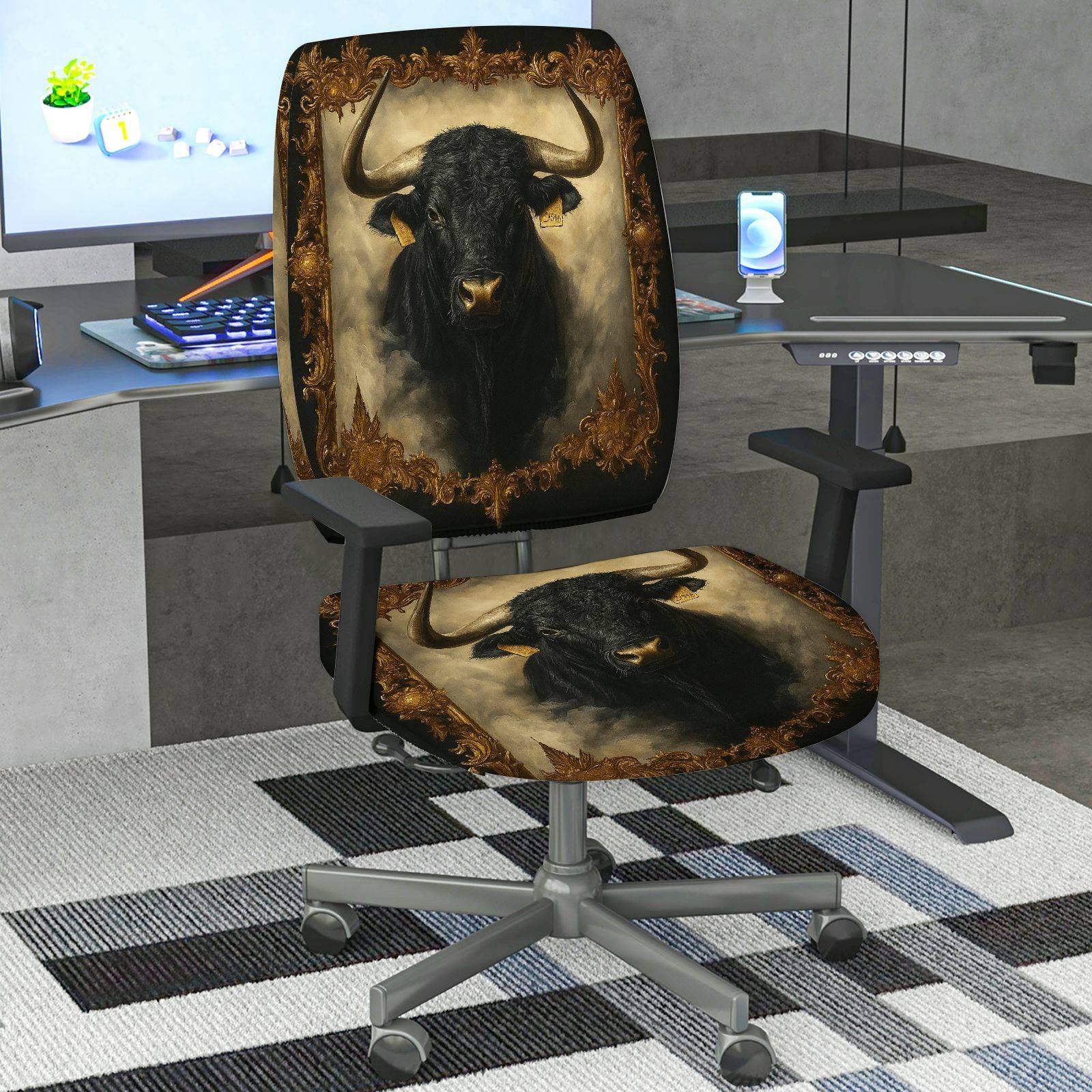 2-Piece Animal Bull Art Vintage Retro Brown Black  Computer Chair Cover Set, Seat and Backrest