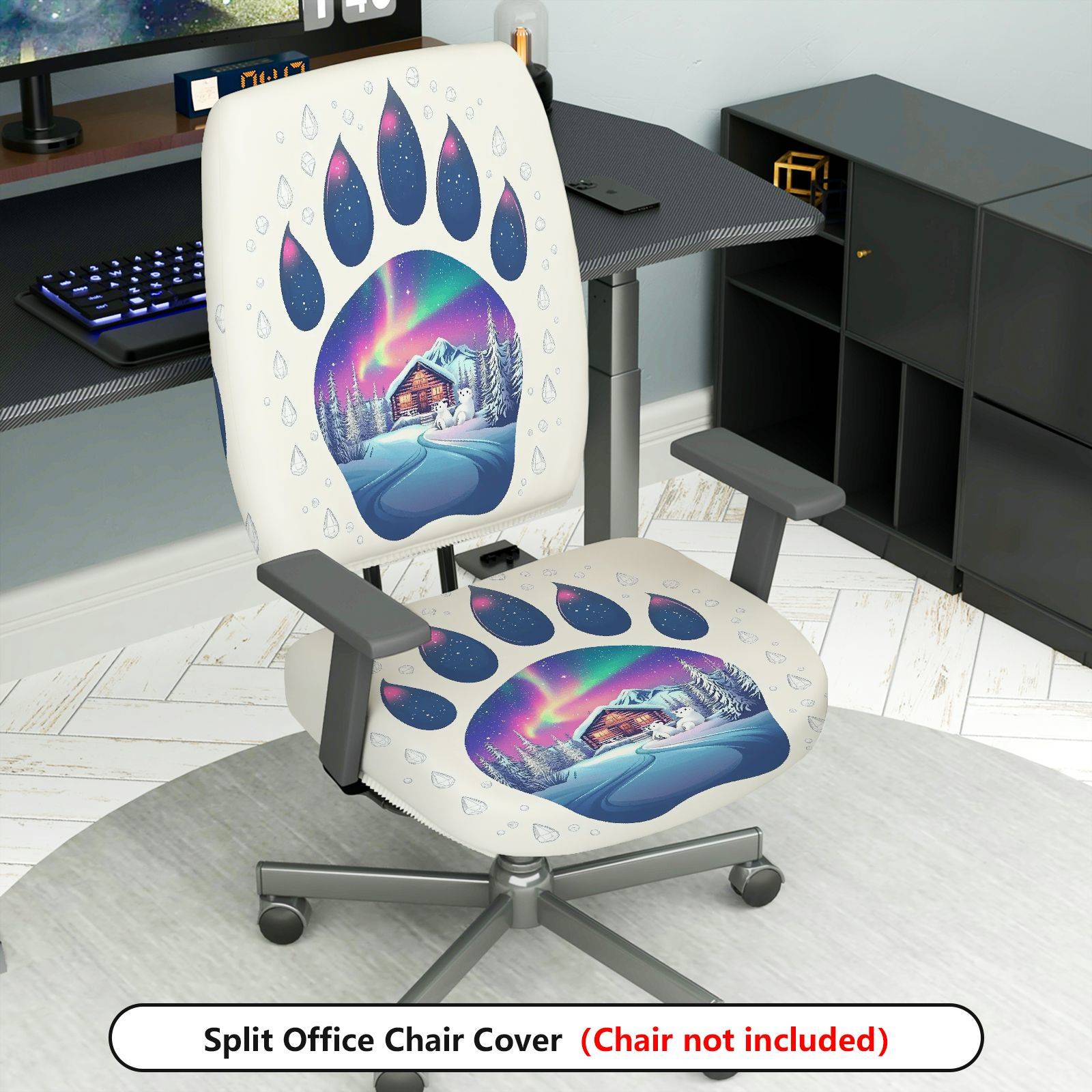 2-Piece Aurora Winter Cabin Snowflake Paw  Computer Chair Cover Set, Seat and Backrest