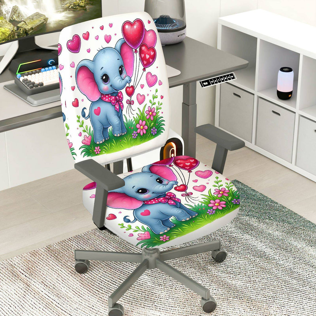 2-Piece Cute Elephant Heart Balloon Flower Grass  Computer Chair Cover Set, Seat and Backrest