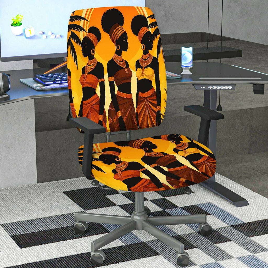2-Piece African Tribal Art Black Women Orange Pattern  Computer Chair Cover Set, Seat and Backrest