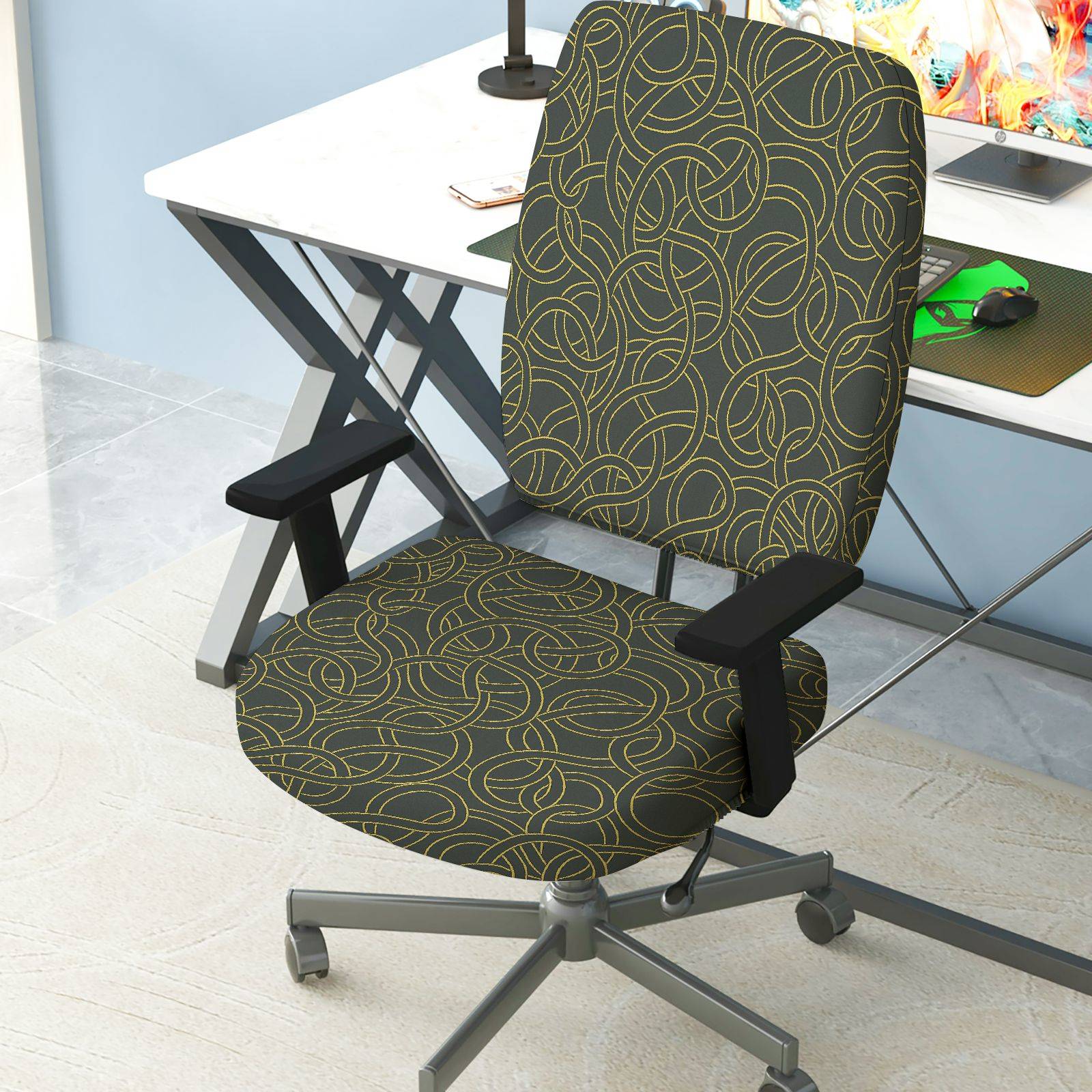 2-Piece Abstract Pattern Black Gold Modern Stylish Elegant  Computer Chair Cover Set, Seat and Backrest