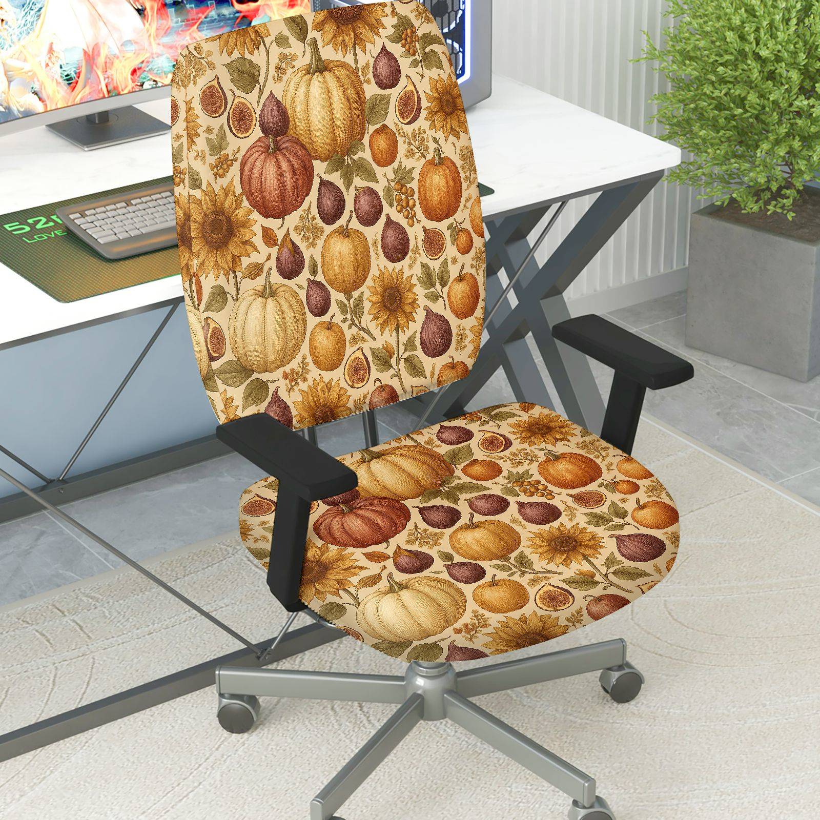 2-Piece Autumn Pumpkin Sunflower Harvest Festival Thanksgiving  Computer Chair Cover Set, Seat and Backrest