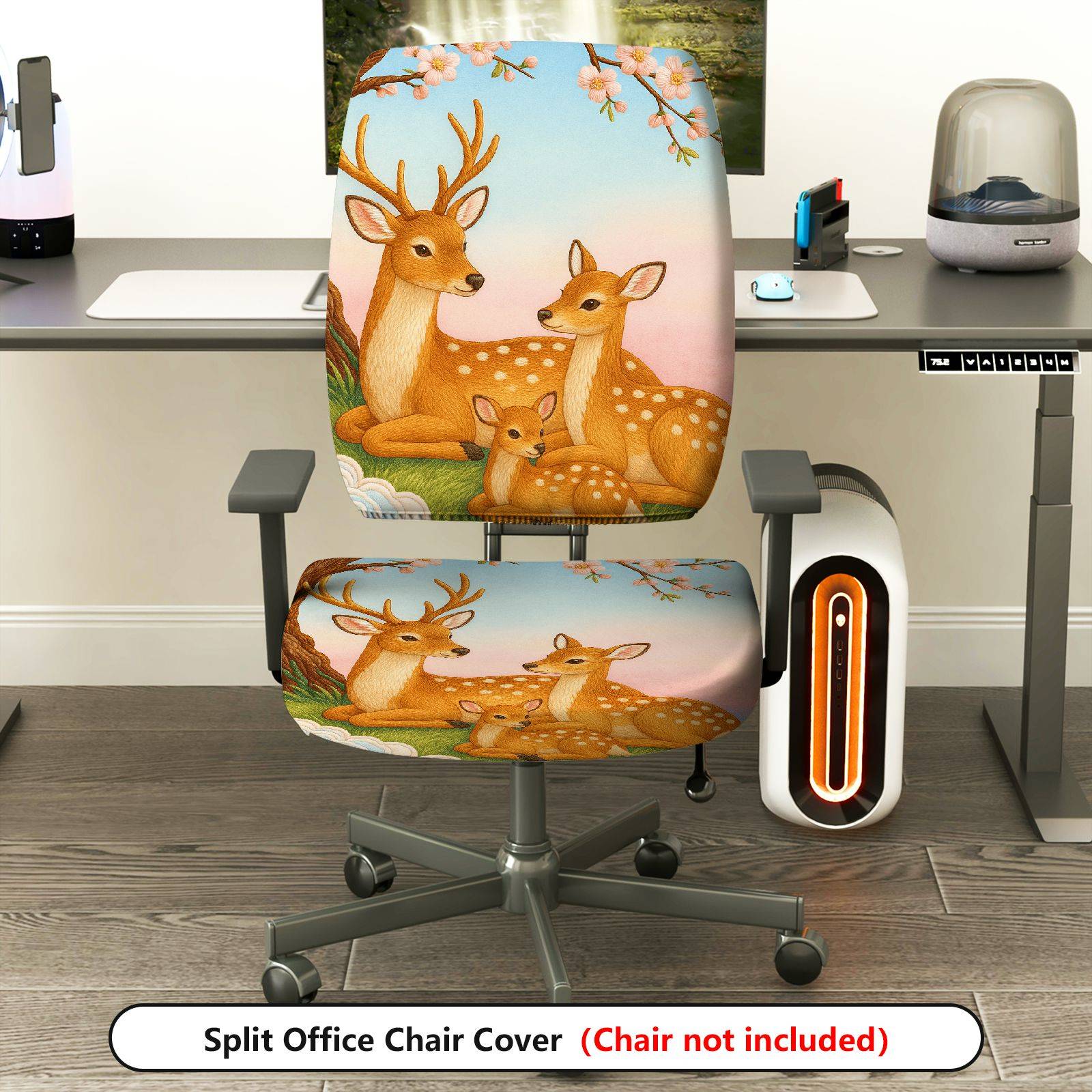 2-Piece Animal Deer Floral Pastoral Spring Festival  Computer Chair Cover Set, Seat and Backrest