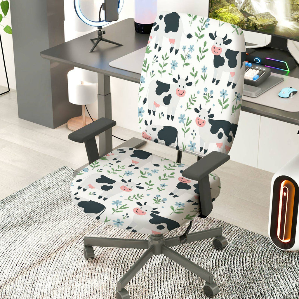 2-Piece Cow Floral Animal  Computer Chair Cover Set, Seat and Backrest