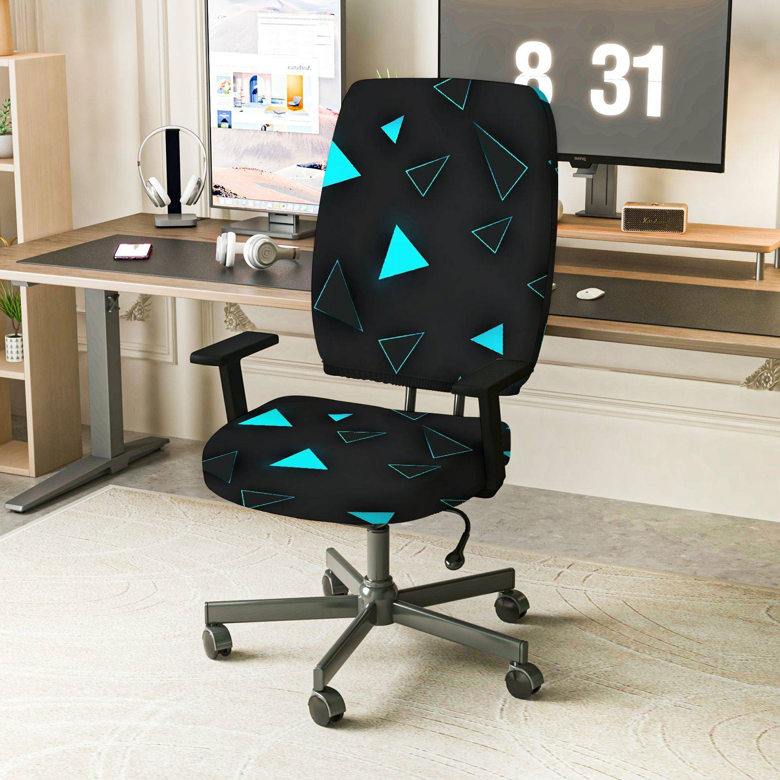2-Piece Geometric Black Blue Triangle Modern Stylish  Computer Chair Cover Set, Seat and Backrest