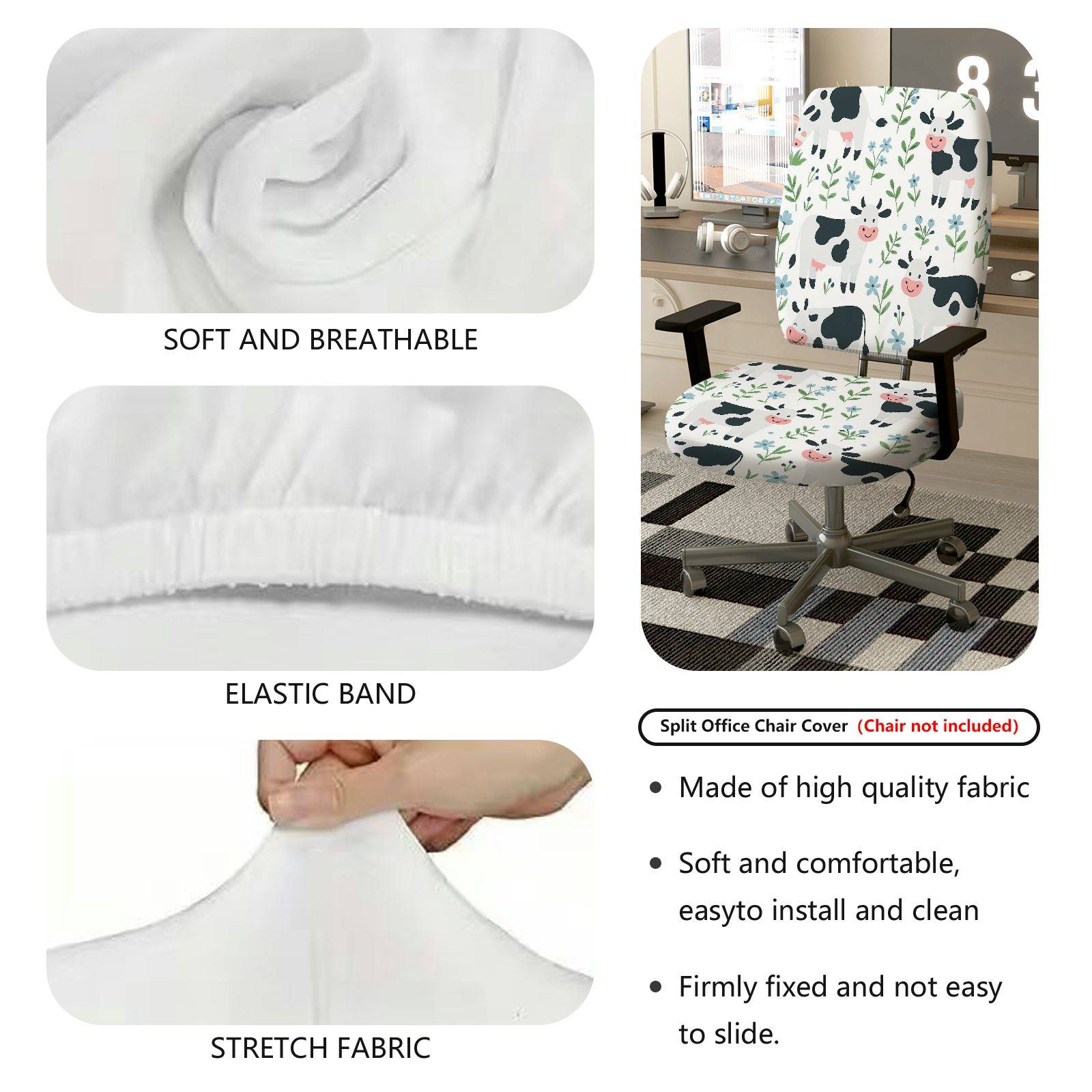 2-Piece Cow Floral Animal  Computer Chair Cover Set, Seat and Backrest