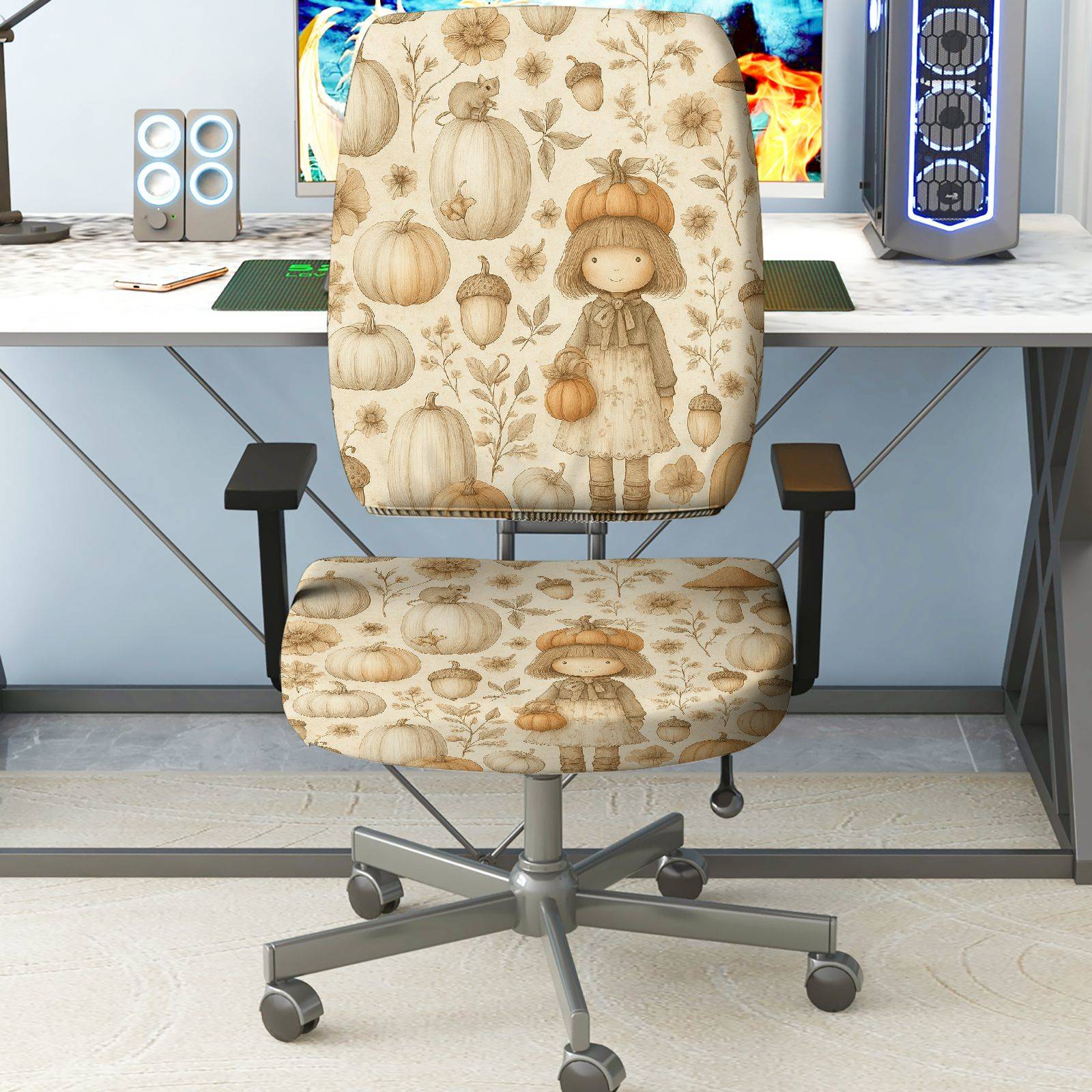 2-Piece Autumn Pumpkin Girl Floral Harvest  Computer Chair Cover Set, Seat and Backrest