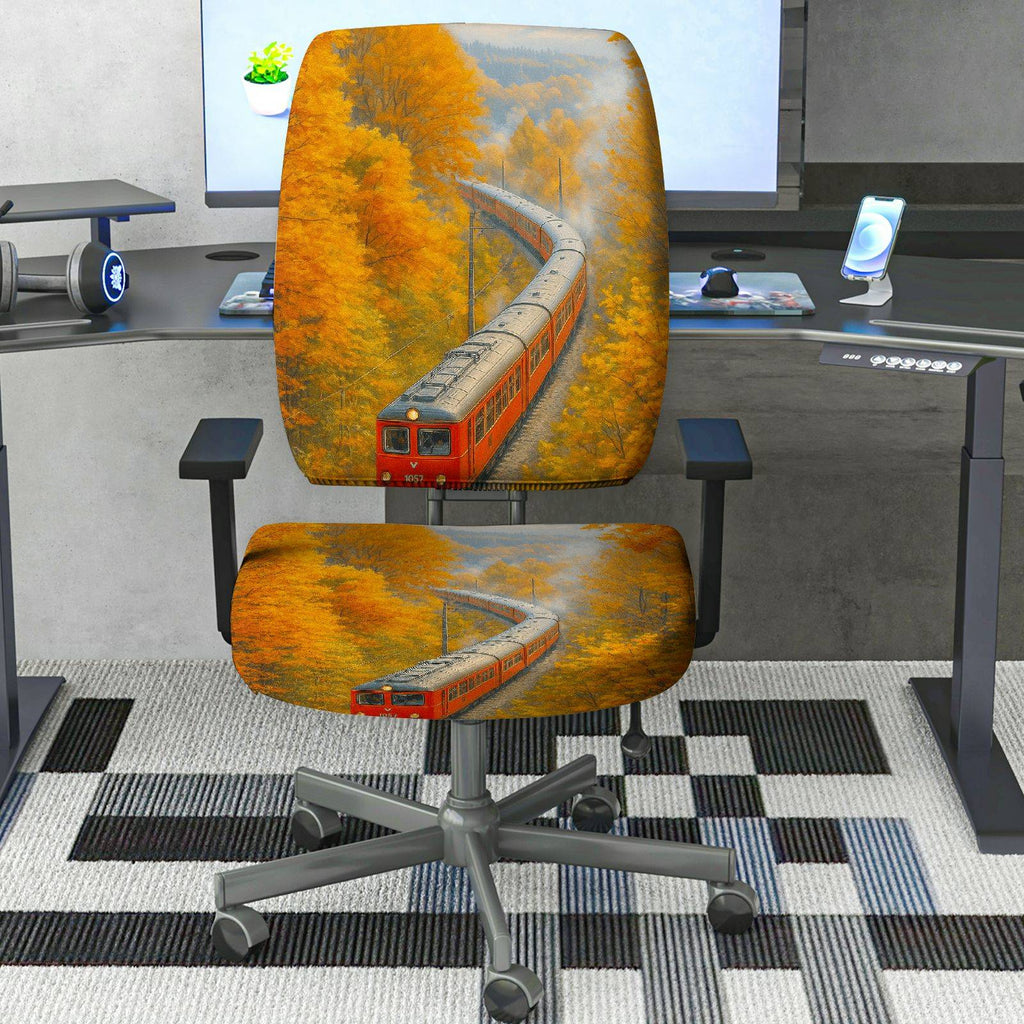 2-Piece Autumn Scenic Train Landscape  Computer Chair Cover Set, Seat and Backrest