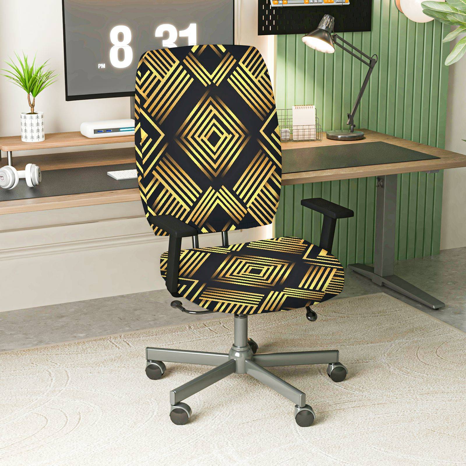 2-Piece Geometric Modern Stylish Black Gold Elegant  Computer Chair Cover Set, Seat and Backrest
