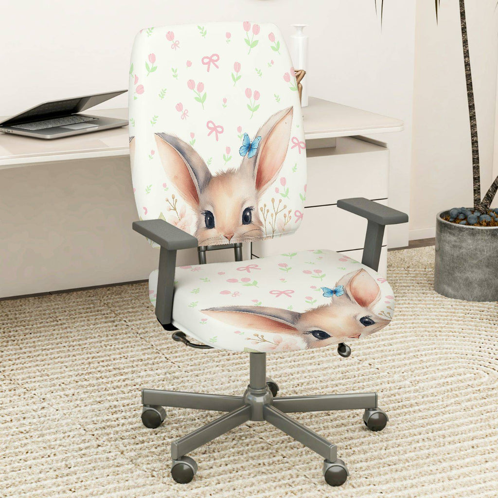 2-Piece Cute Bunny Floral Pattern Spring Easter  Computer Chair Cover Set, Seat and Backrest