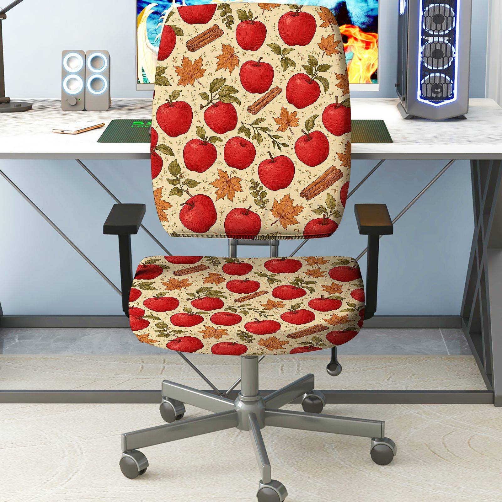 2-Piece Apple Pattern Autumn Leaves Cinnamon  Computer Chair Cover Set, Seat and Backrest