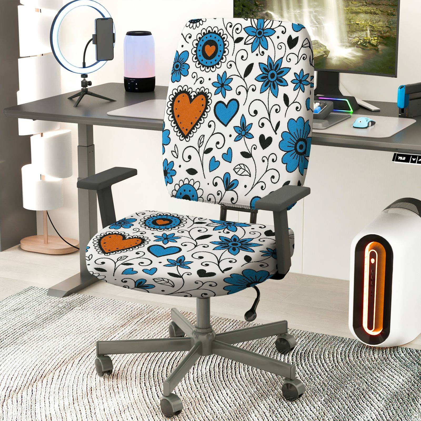 2-Piece Heart Floral Blue Black  Computer Chair Cover Set, Seat and Backrest