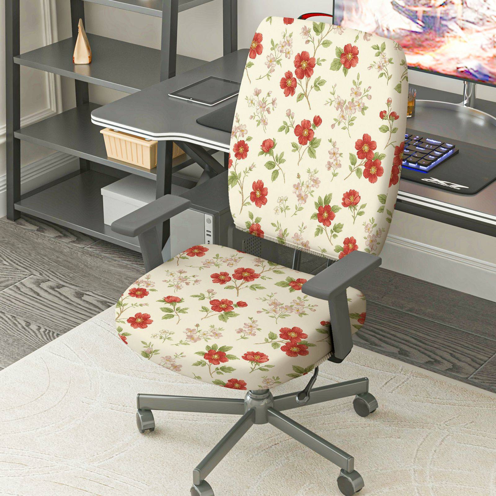 2-Piece Floral Pattern Red Flower  Computer Chair Cover Set, Seat and Backrest