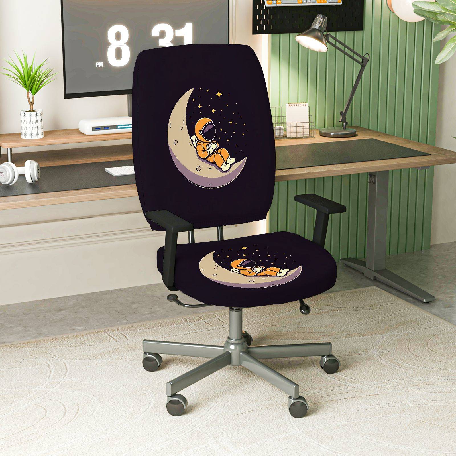 2-Piece Astronaut Moon Starry Night Space Universe  Computer Chair Cover Set, Seat and Backrest