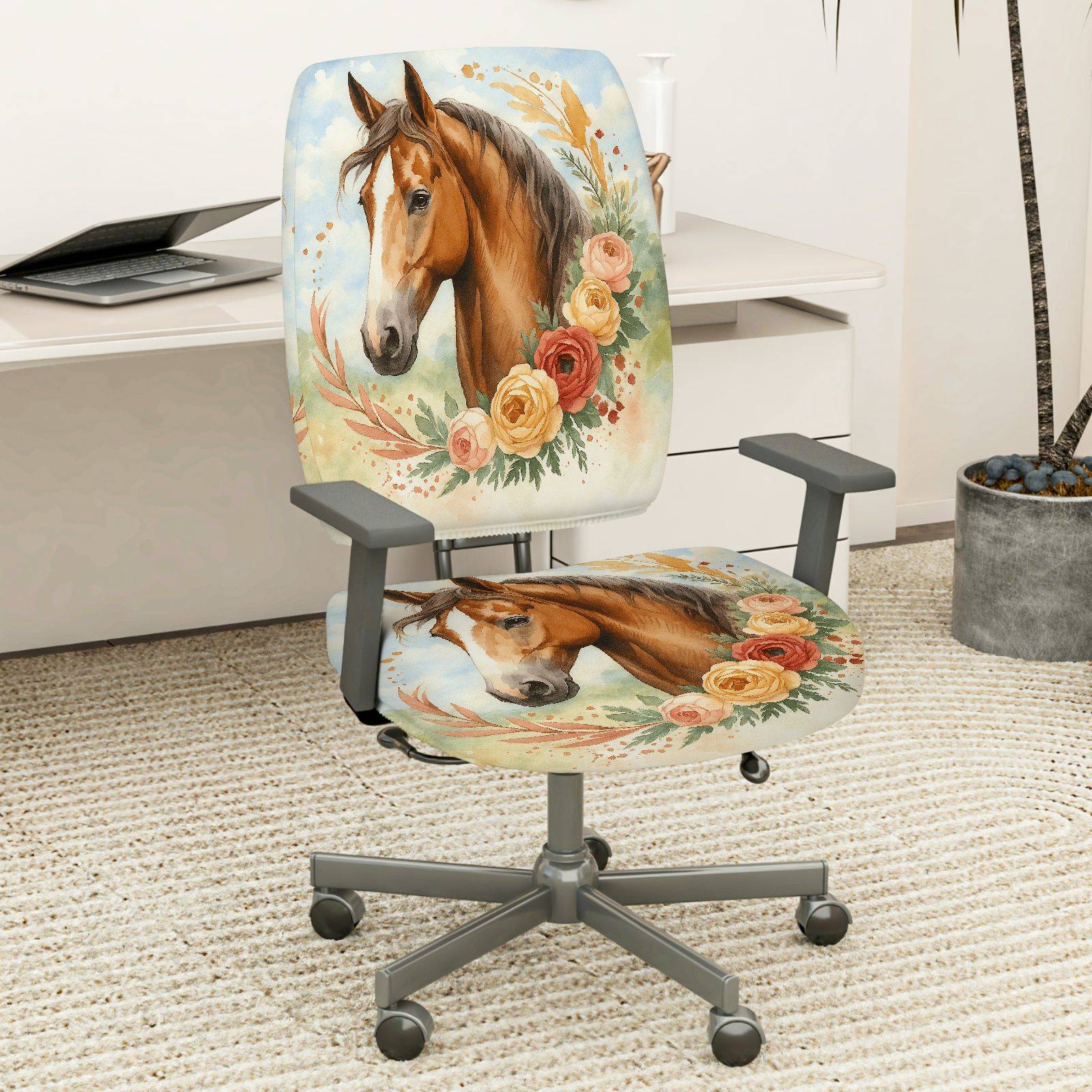 2-Piece Horse Floral Artistic Nature Colored Decoration  Computer Chair Cover Set, Seat and Backrest
